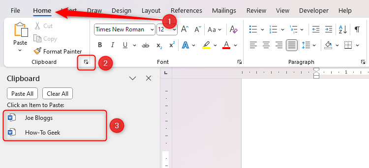 The Clipboard pane in Microsoft Word, which contains 'Joe Bloggs' and 'How-To Geek'.