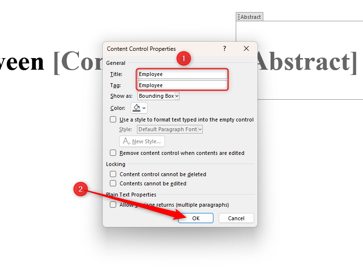 The Content Control Properties dialog box in Microsoft Word, with the Title and Tag fields containing the word 'Employee'.