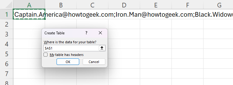 The Create Table dialog box, with A1 identified as the source of the data, and the header checkbox unchecked.