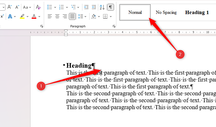 The cursor is placed in a body text paragraph in Microsoft Word, and the Style Gallery shows that the Normal style is applied.