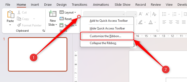 The Customize The Ribbon option, accessed by right-clicking the ribbon, in Microsoft PowerPoint.