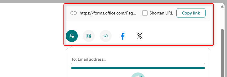 The different options for distributing a form in Microsoft Forms.