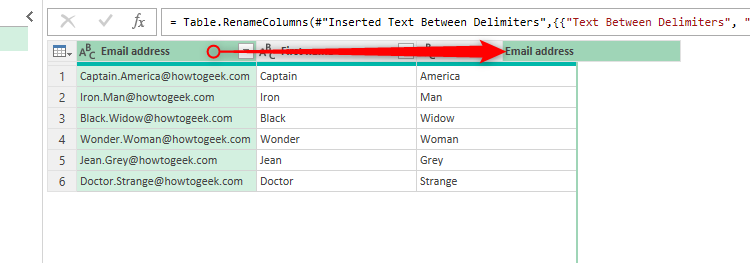 The email address column is being clicked and dragged to the right in Excel's Power Query Editor.