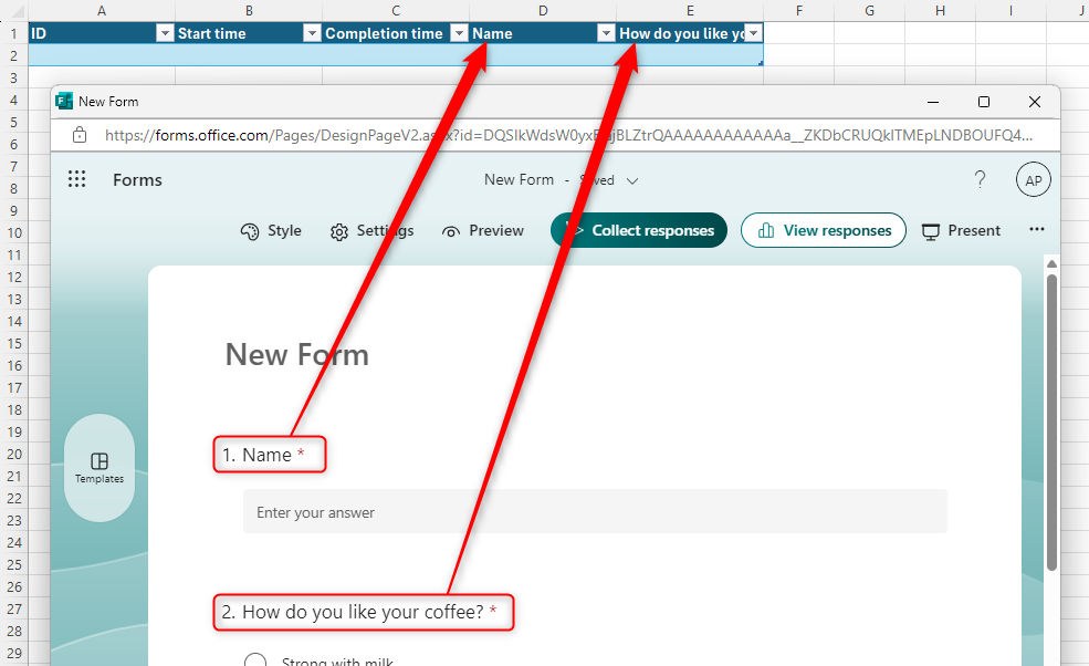 The Excel-Forms integration window, with the Excel sheet containing the same details as the Forms window.