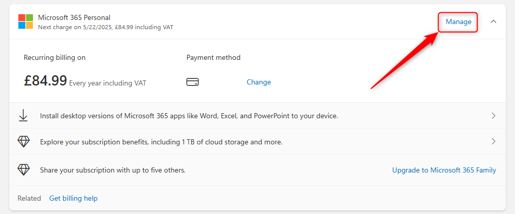 The Microsoft 365 Services and Subscriptions web page, with the Manage link selected.