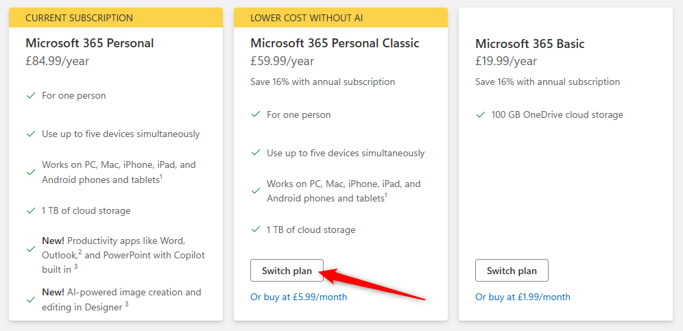 The Microsoft 365 subscription options, with Switch Plan selected on the Microsoft 365 Personal Classic option.