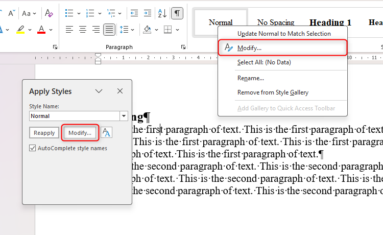 The Modify button, which lets the user adjust the style settings in Word, is selected in the two places is can appear.