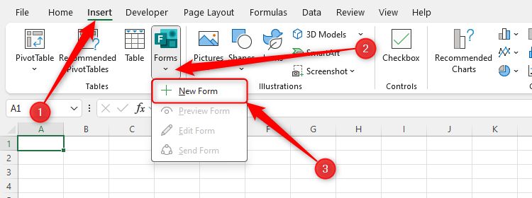 The New Form option in the Forms drop-down of the Insert tab in Microsoft Excel.