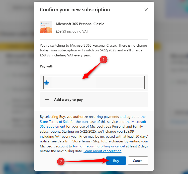 The New Subscription window for the Microsoft 365 Personal Classic plan.