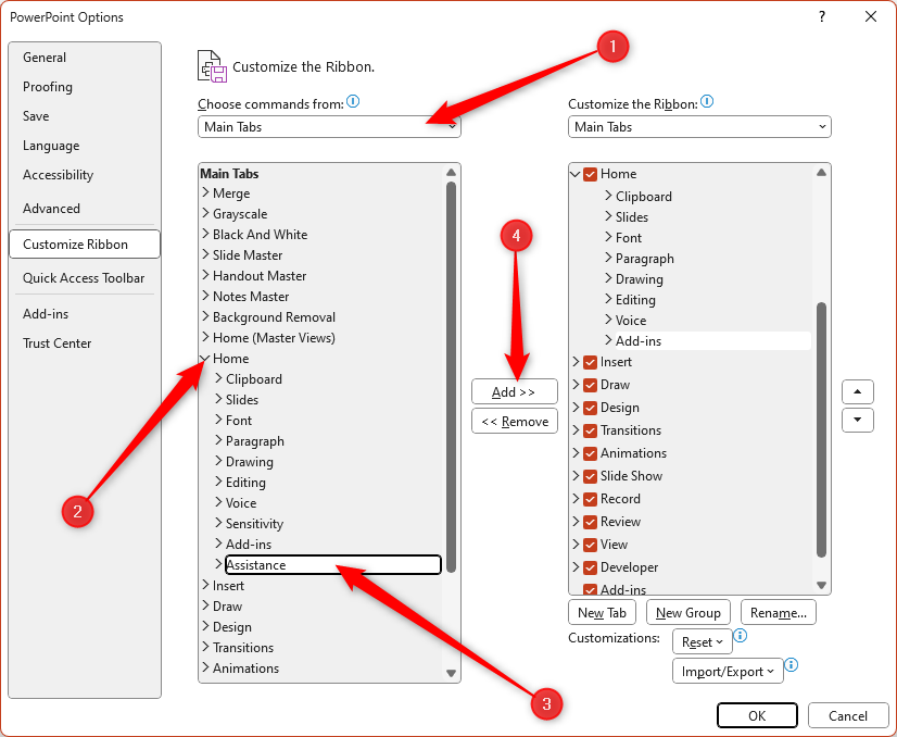 The PowerPoint Options dialog box, with the Assistance group of the Home tab selected, and the Add button highlighted.