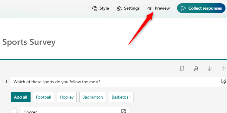 The Preview button in Microsoft Forms.