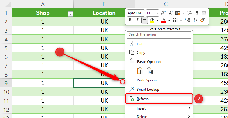 The Refresh option in Excel for updating a table created through a Power Query.