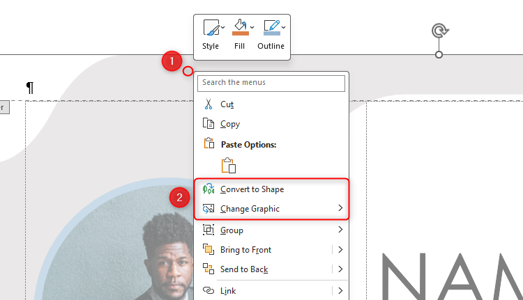 The right-click menu on a graphic in Microsoft Word, with the Convert To Shape and Change Graphic options highlighted.