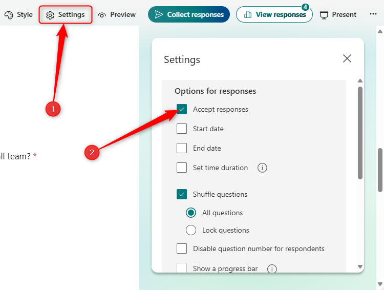 The Settings button in Microsoft Forms is selected, and the Accept Responses option in the Settings pane is checked.