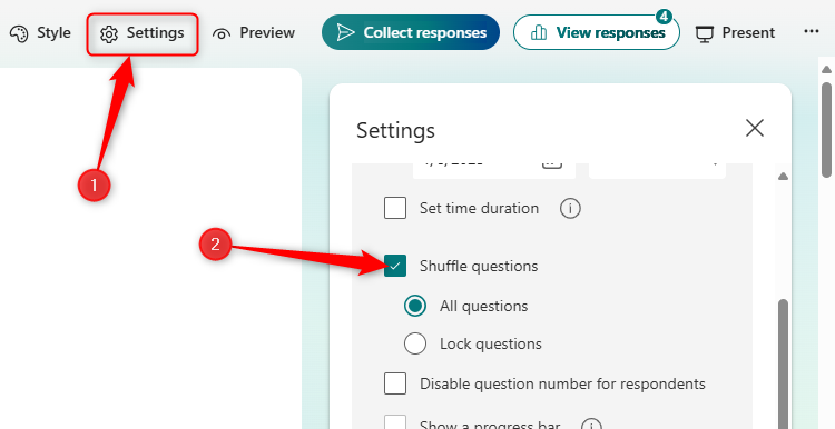 The Settings tab in Microsoft Forms, with the Shuffle Questions box checked.