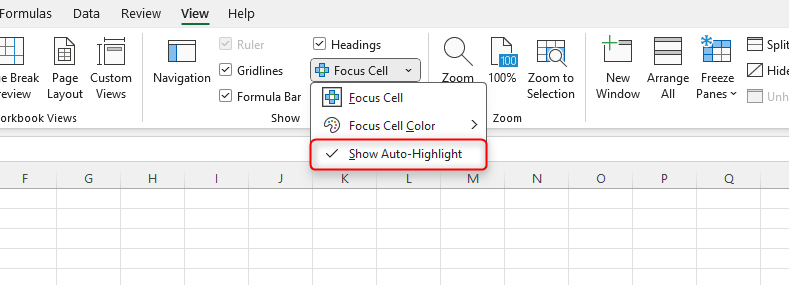 The Show Auto-Highlight option in Excel's Focus Cell drop-down menu is checked.