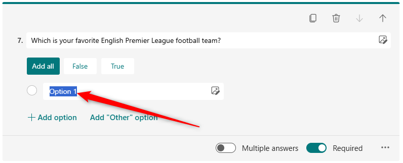 The text in the Option 1 field of a Microsoft Forms choice question is selected.