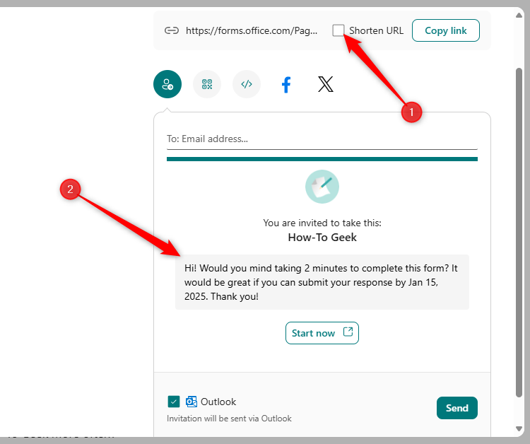 The URL and email options for distributing a form in Microsoft Forms are highlighted.