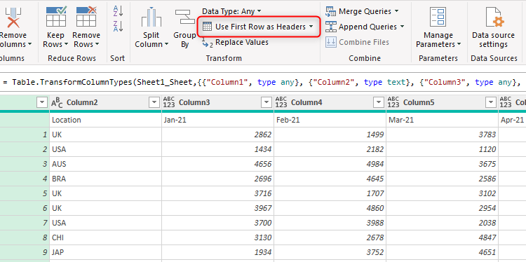 The Use First Row As Headers option in Excel's Power Query Editor.