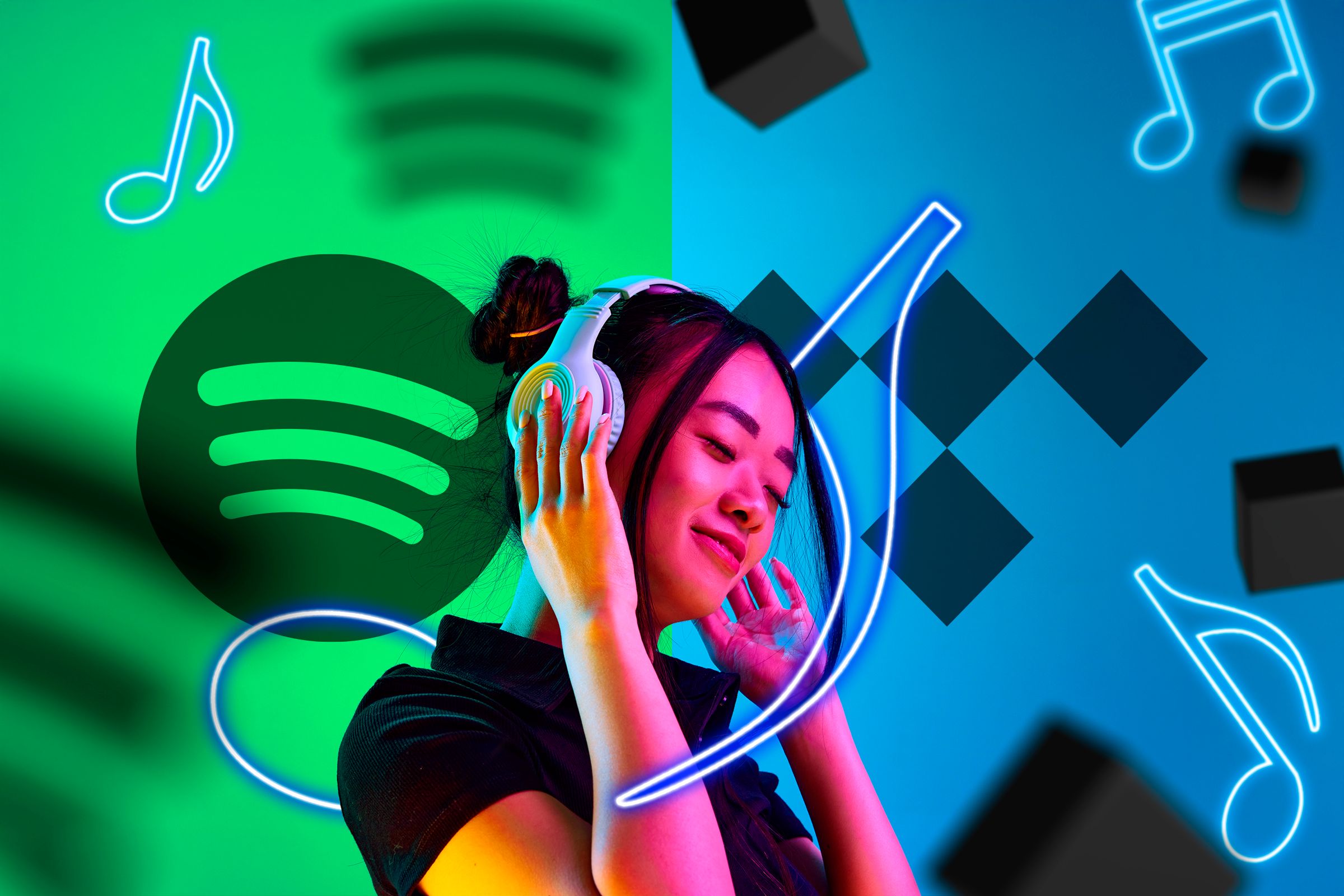 A woman listening to music using headphones, the Spotify logo on the left and the Tidal logo on the right, with musical notes around.