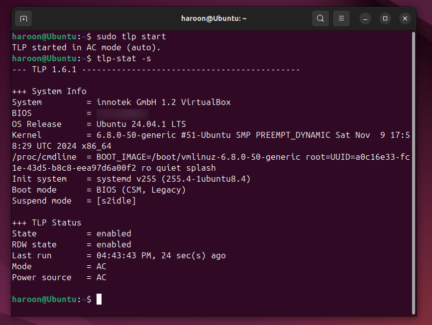 Viewing TLP status in Ubuntu terminal.