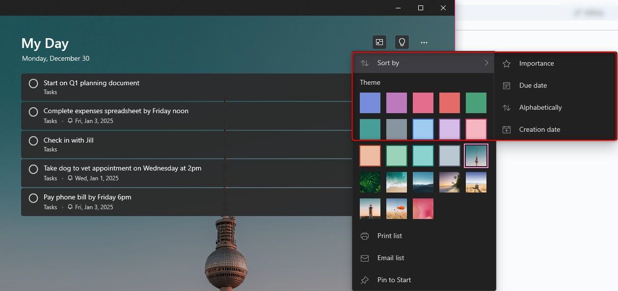 Microsoft To-Do app open and highlighted area where you can sort tasks.