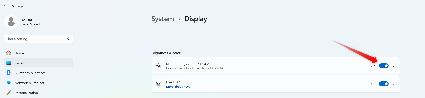 Turning on the night light feature in Windows.