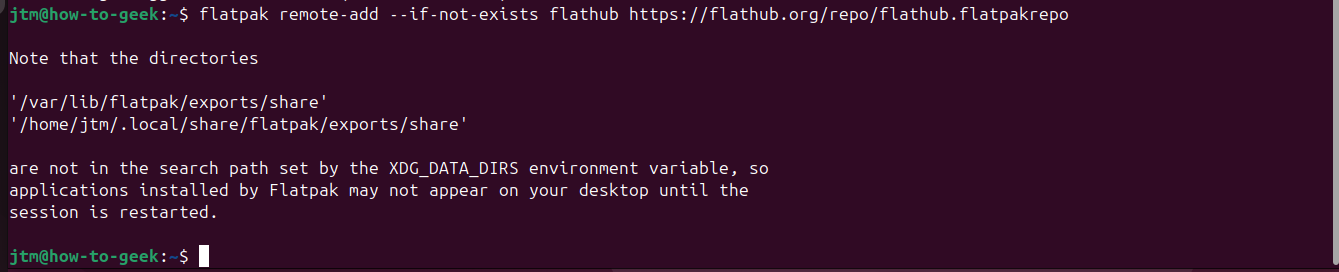 Ubuntu terminal showing the command to add the flathub main flatpak repository