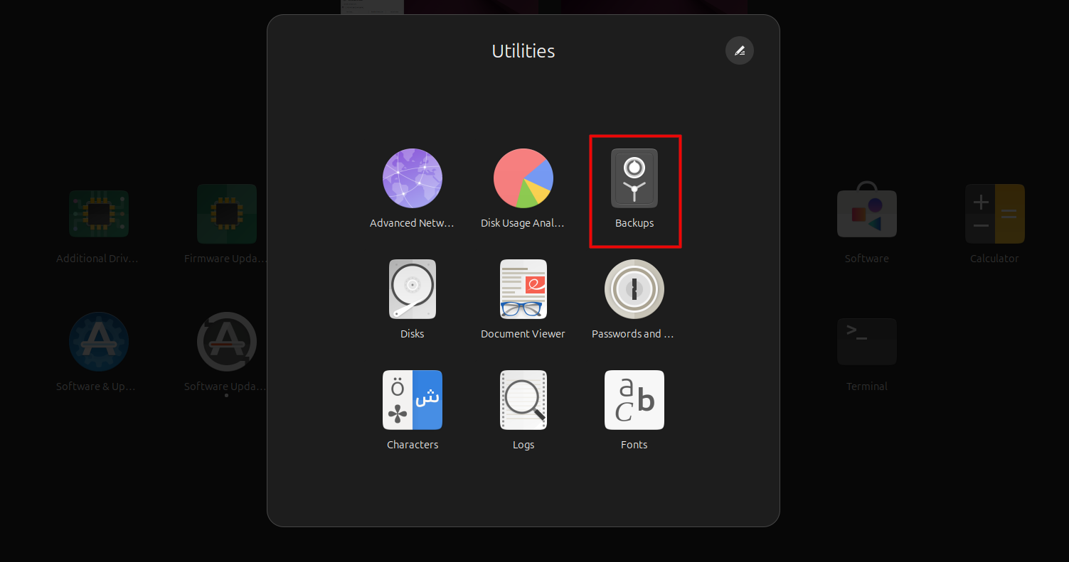 Ubuntu utilities menu in app launcher showing deja dup backups icon