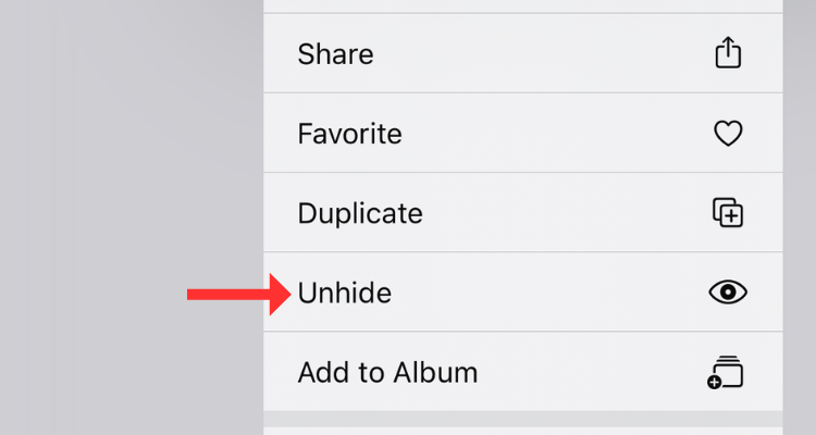 Screenshot of the Unhide button that appears on holding an item in the Hidden album.