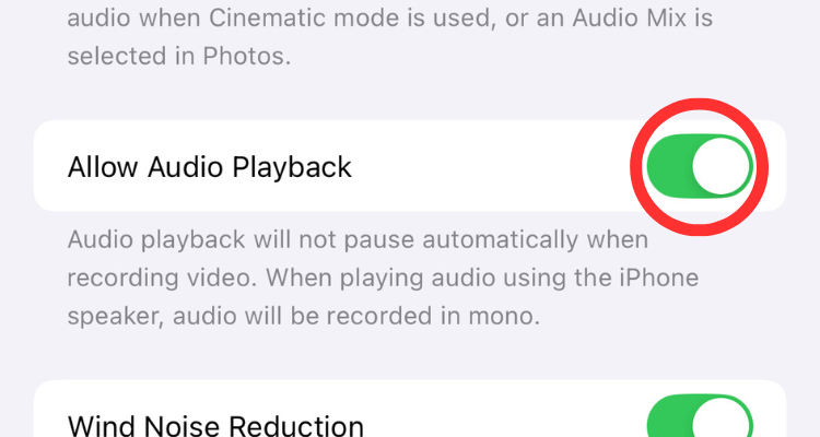 Screenshot of the Allow Audio Playback feature in the Camera settings menu.