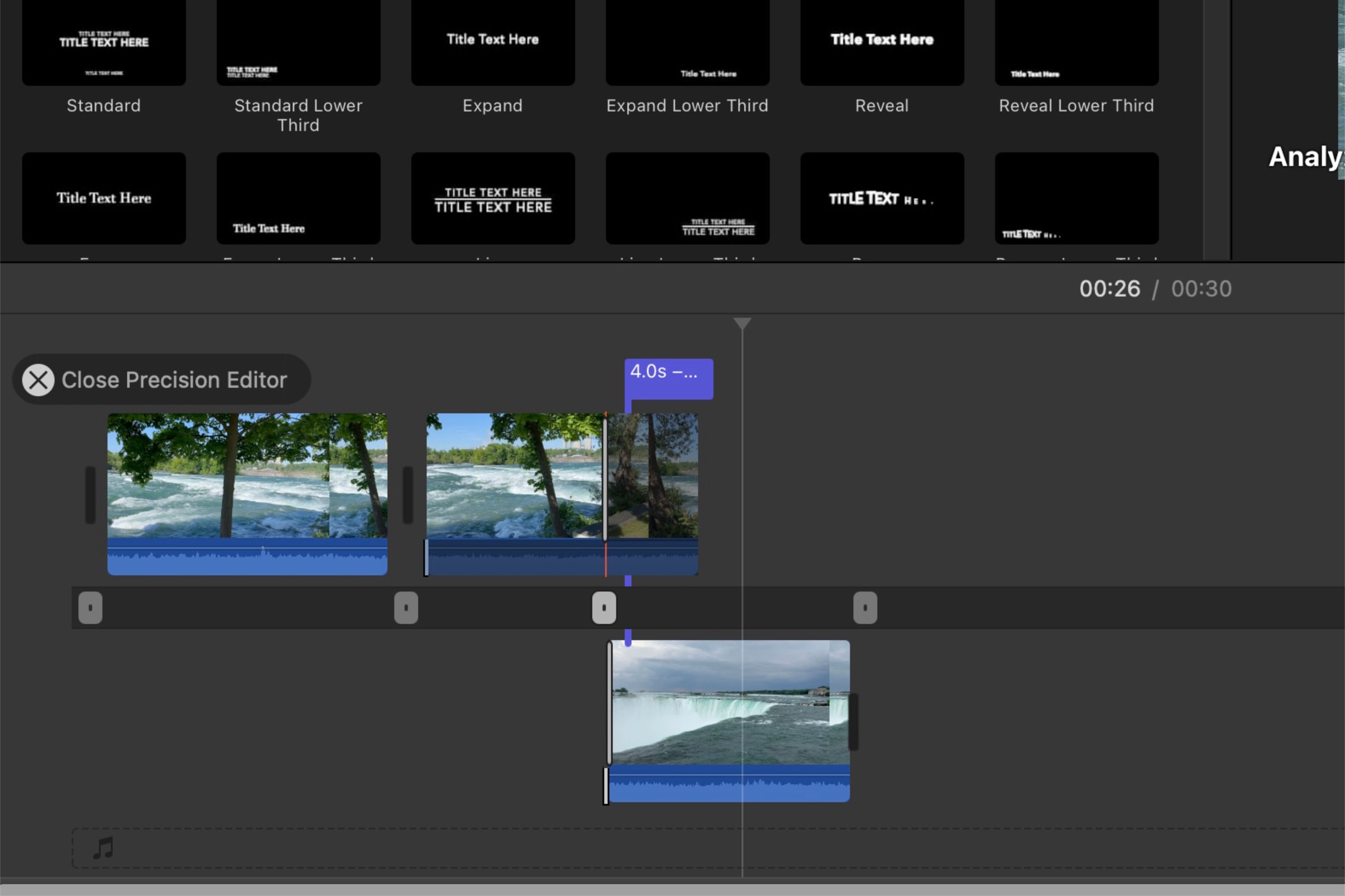 The Precision Editor menu in the scrubber in iMovie on Mac.