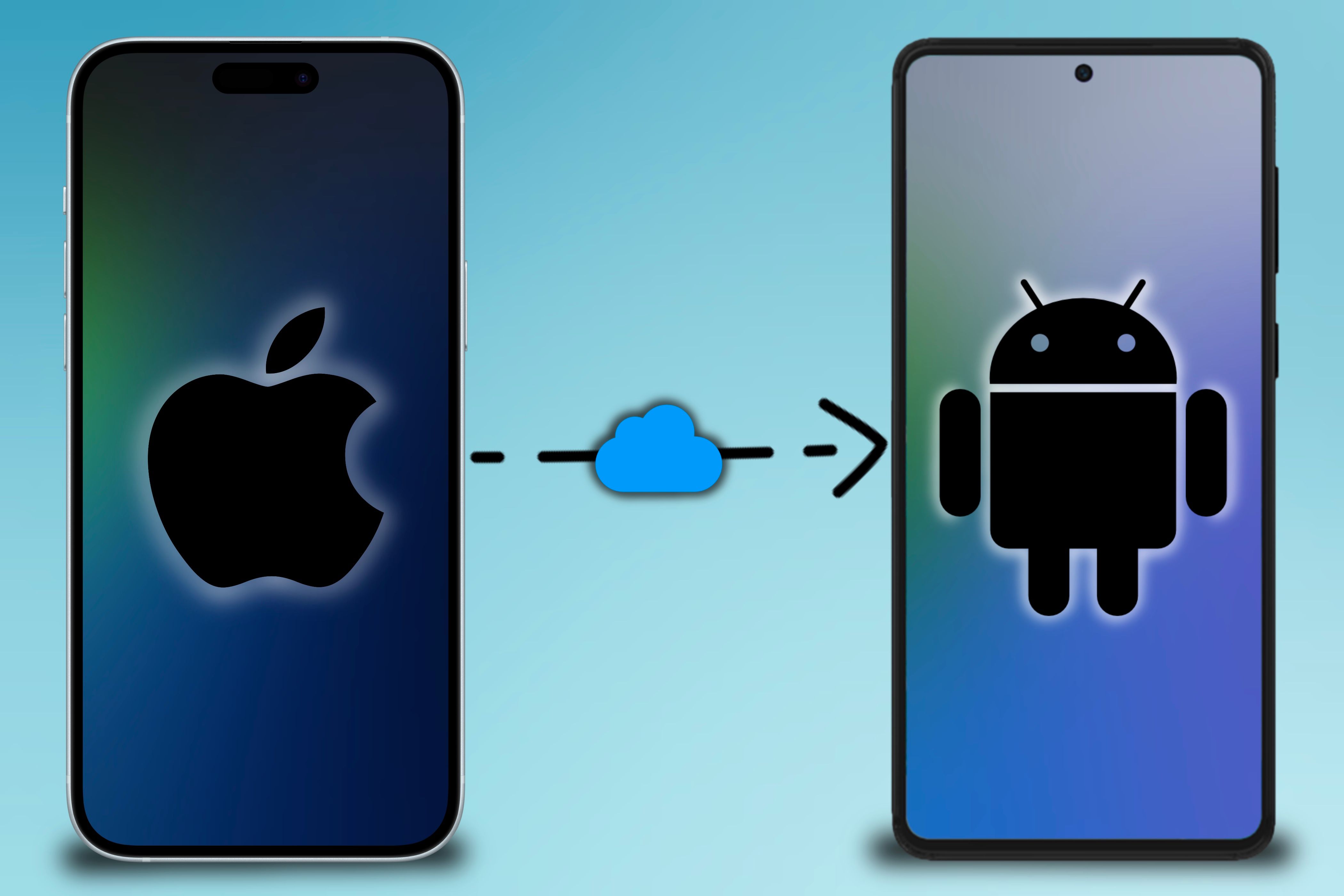 An iPhone with an Apple logo in it transferring iCloud data to an Android phone with an Android icon on it in front of a colorful background.