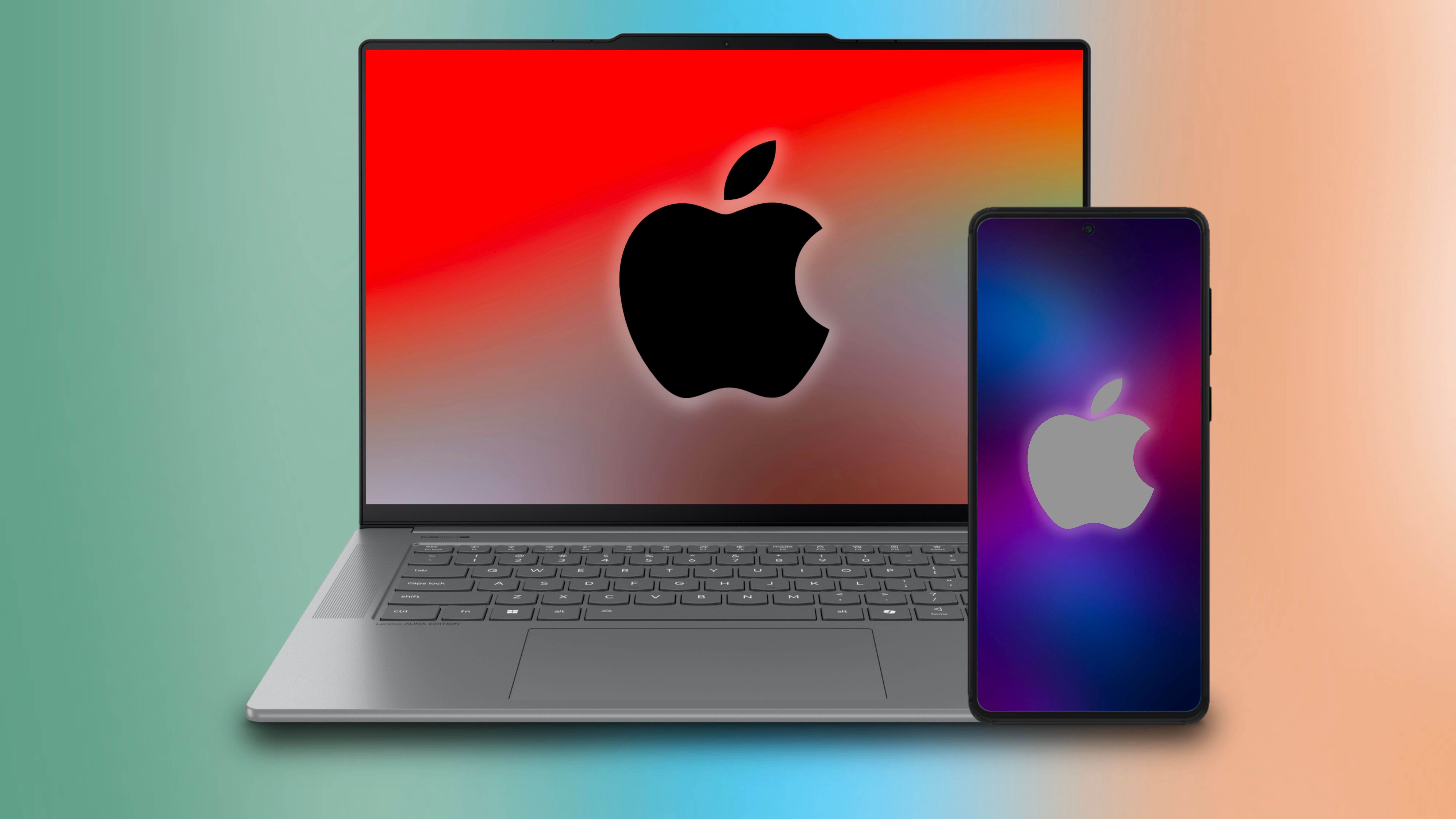 A PC laptop and an Android phone showcasing an Apple logo on both of them in front of a colorful background.