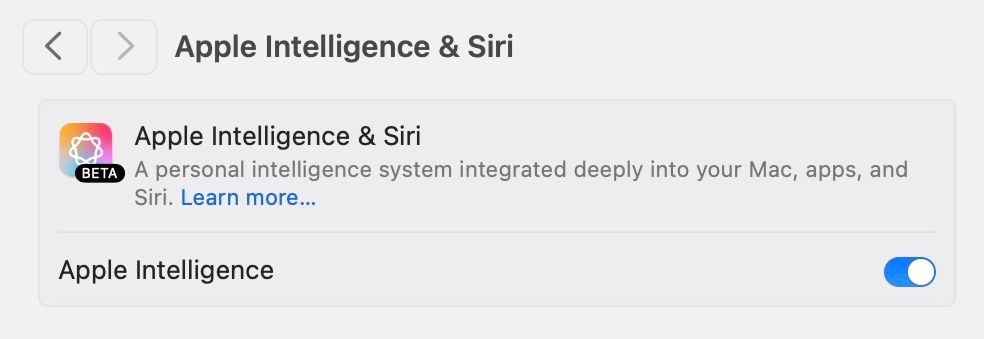 Apple Intelligence option in macOS System Settings app toggled on.