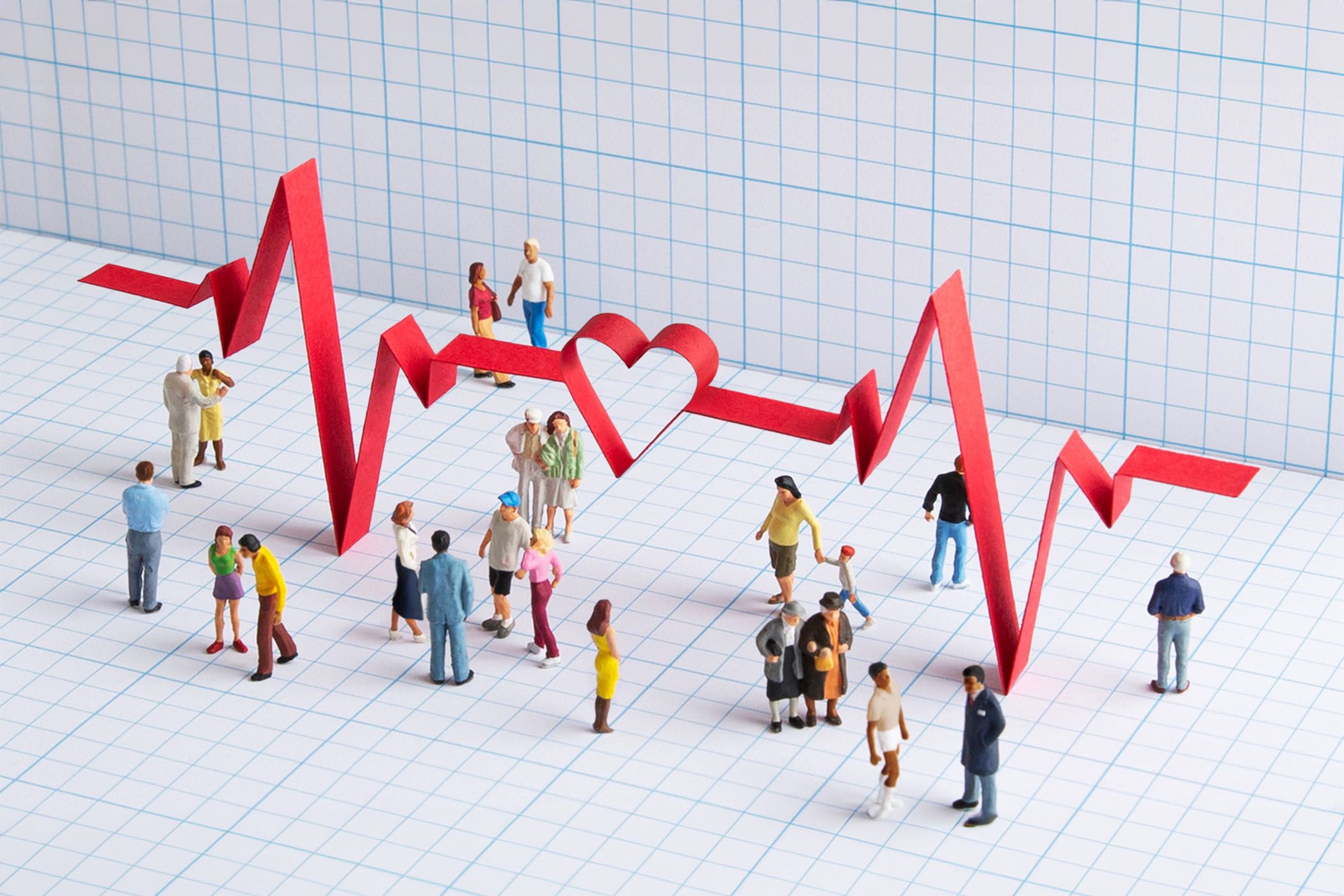 Cartoon figures gathering around heart rate data on a 3D graph.