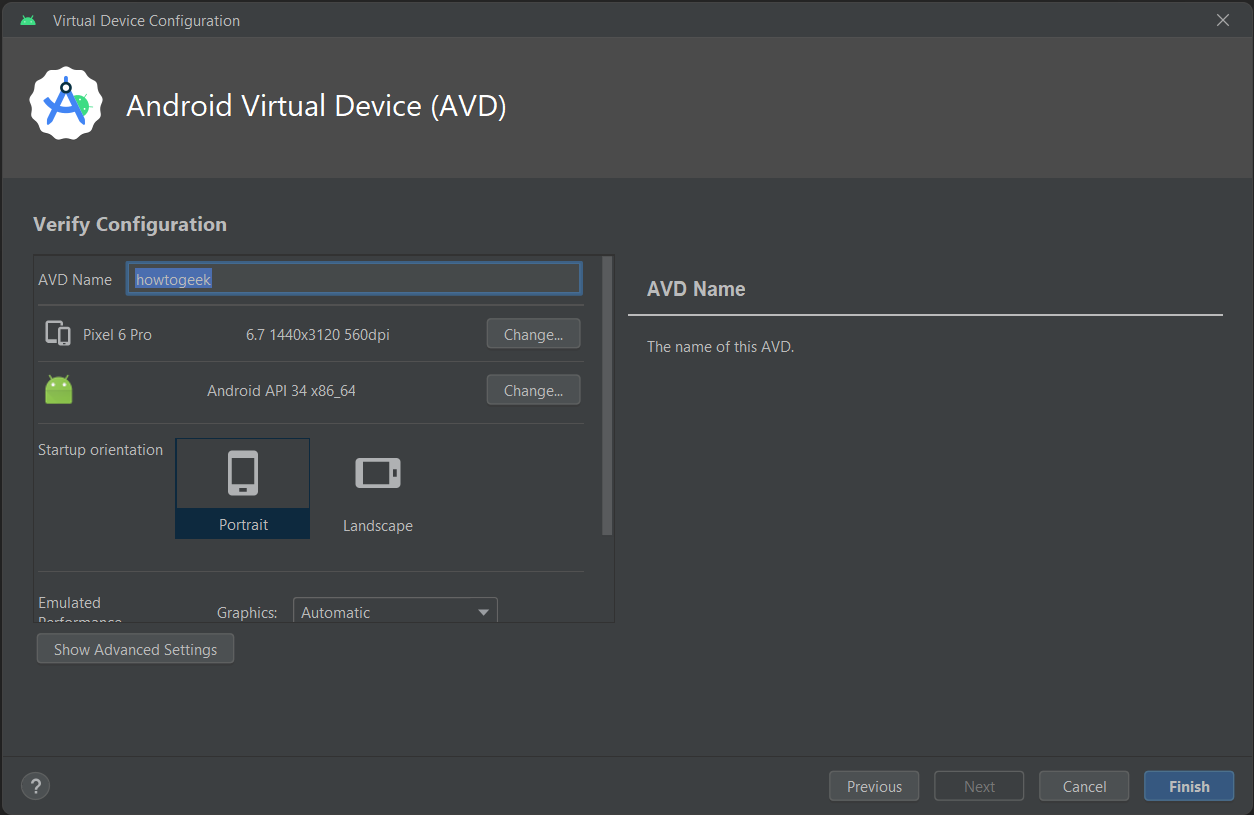 The window to rename and confirm the configuration of your virtual device