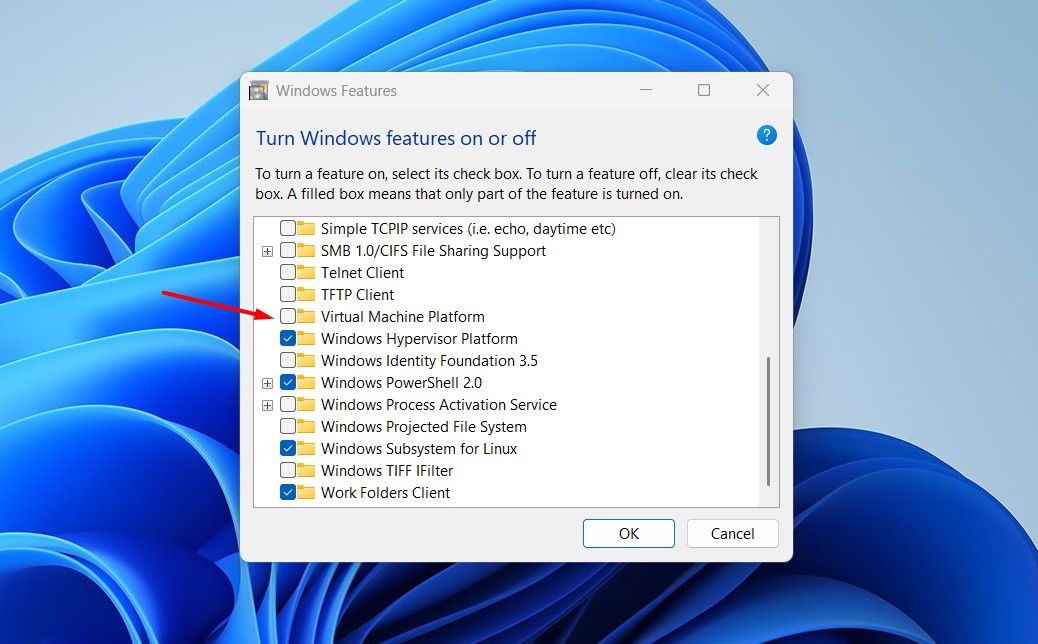 Virtual Machine Platform option in the Turn Windows features on or off window.