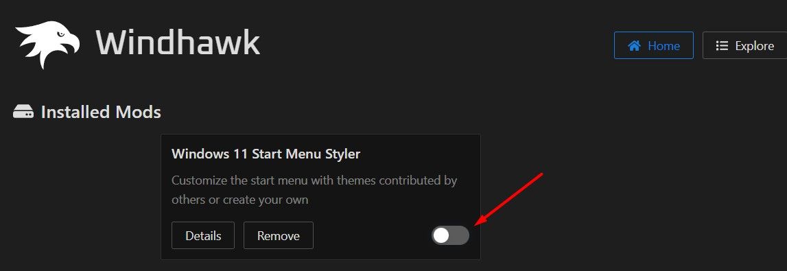 Windows 11 Start Menu Styler toggle in the WindHawk app.