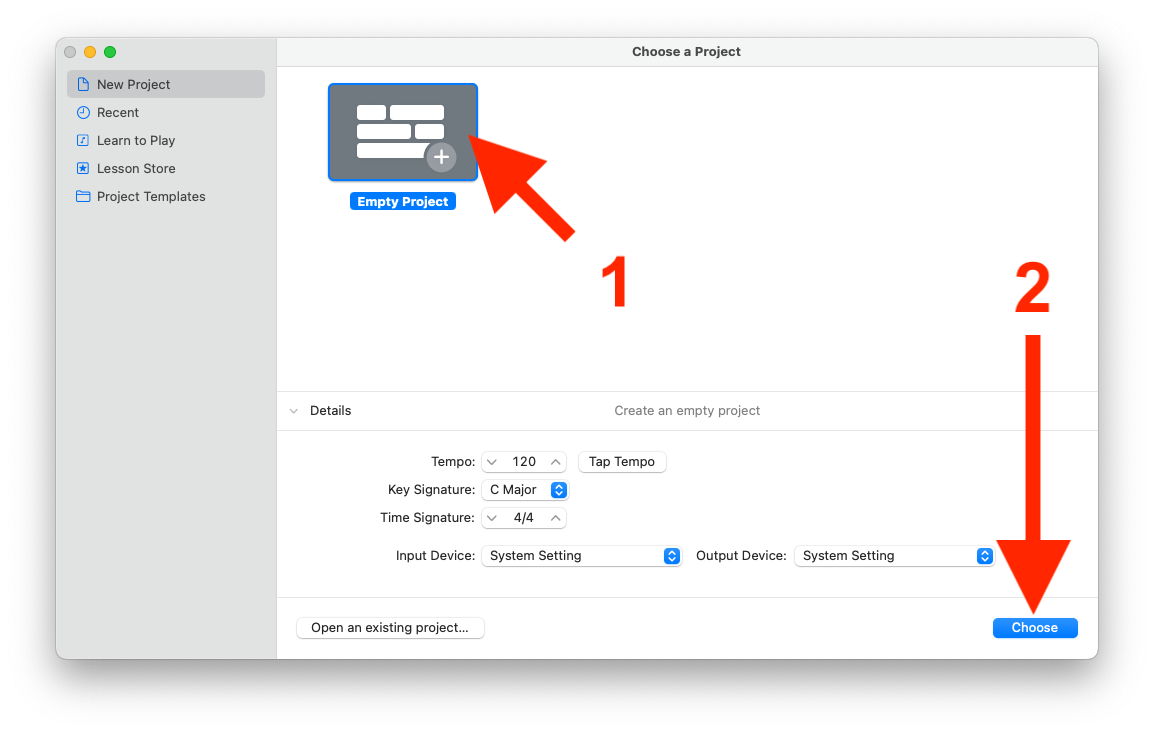 A project selection screen with options to create an empty project.