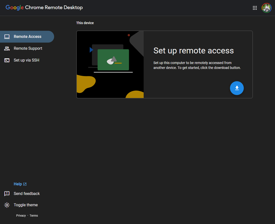 Google Chrome Remote Desktop dowload setup tool.