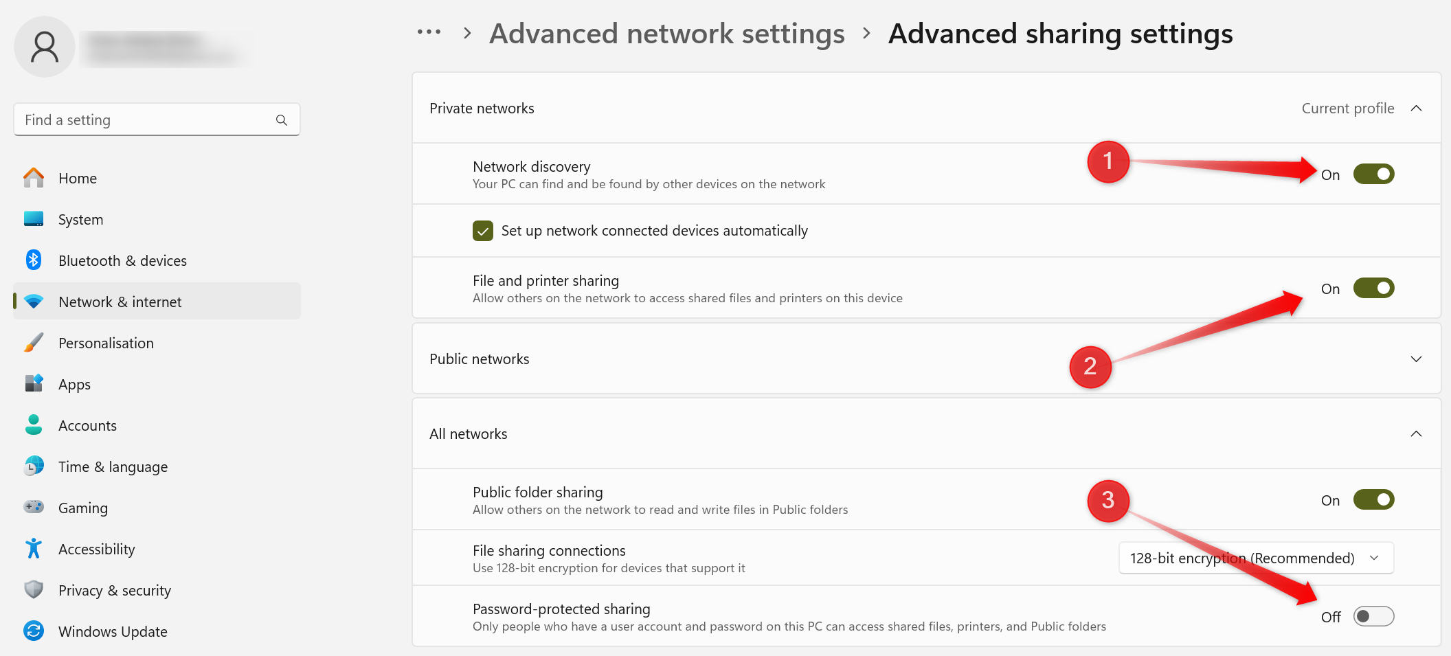 Tweaking the advanced sharing settings for a network in Windows.