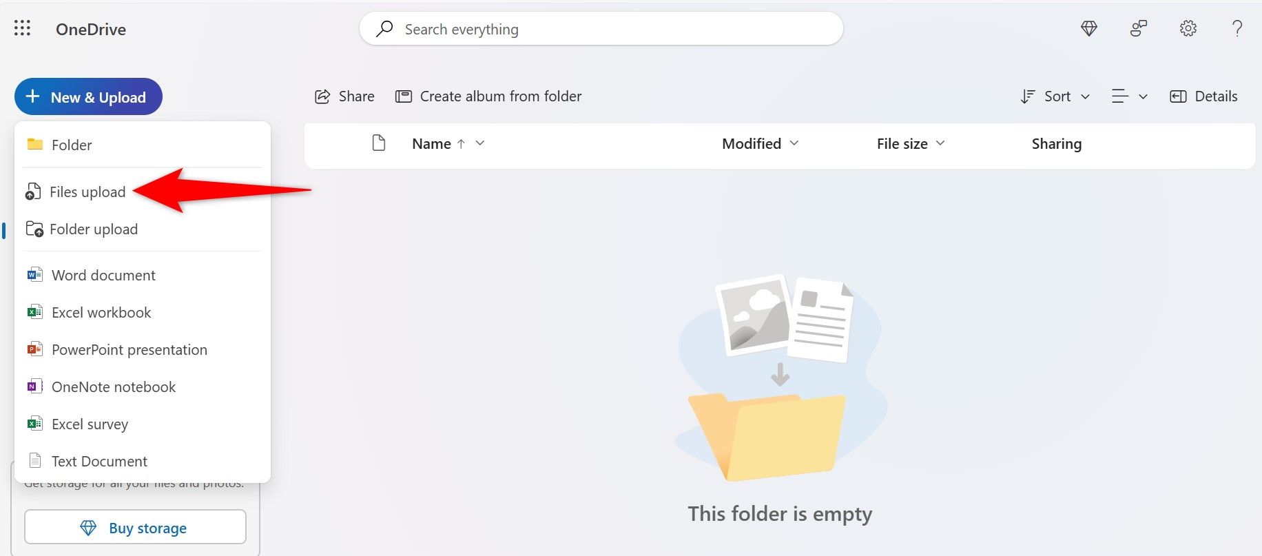 New & Upload > Files Upload highlighted on OneDrive.