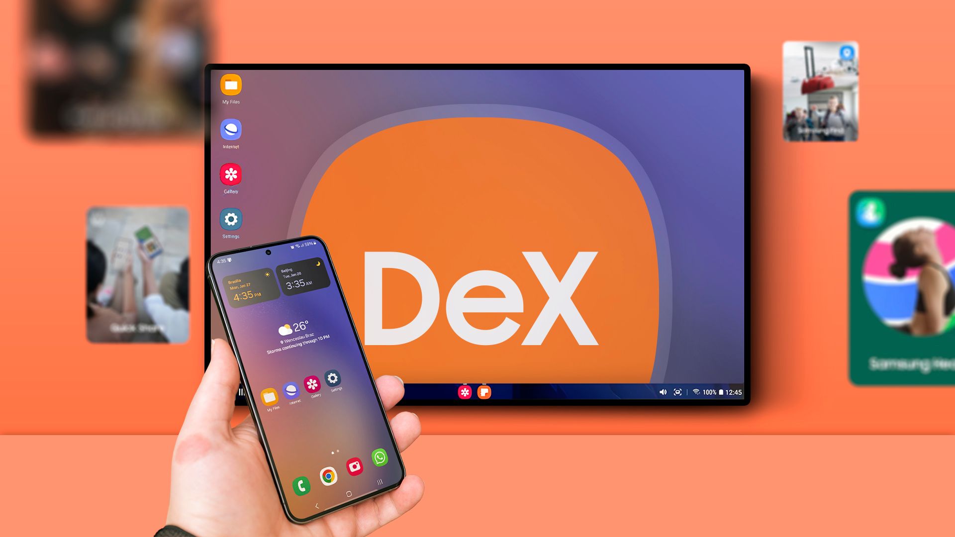 A hand holding a Samsung phone, with a background screen displaying DeX mode.