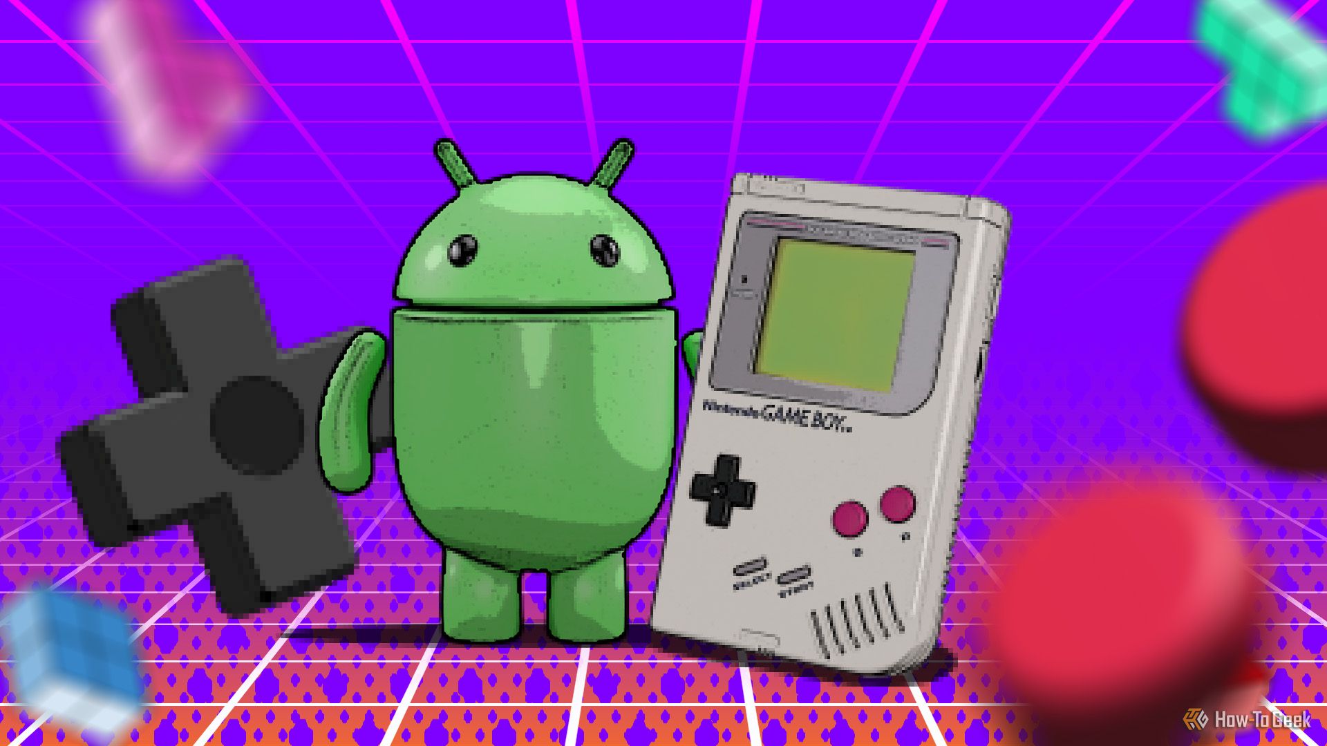 Pixelated Android mascot with a Game Boy beside it and a retro background.