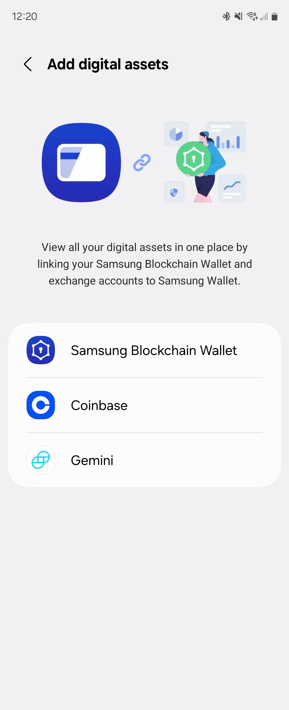 Supported ways to store digital assets in Samsung Wallet.