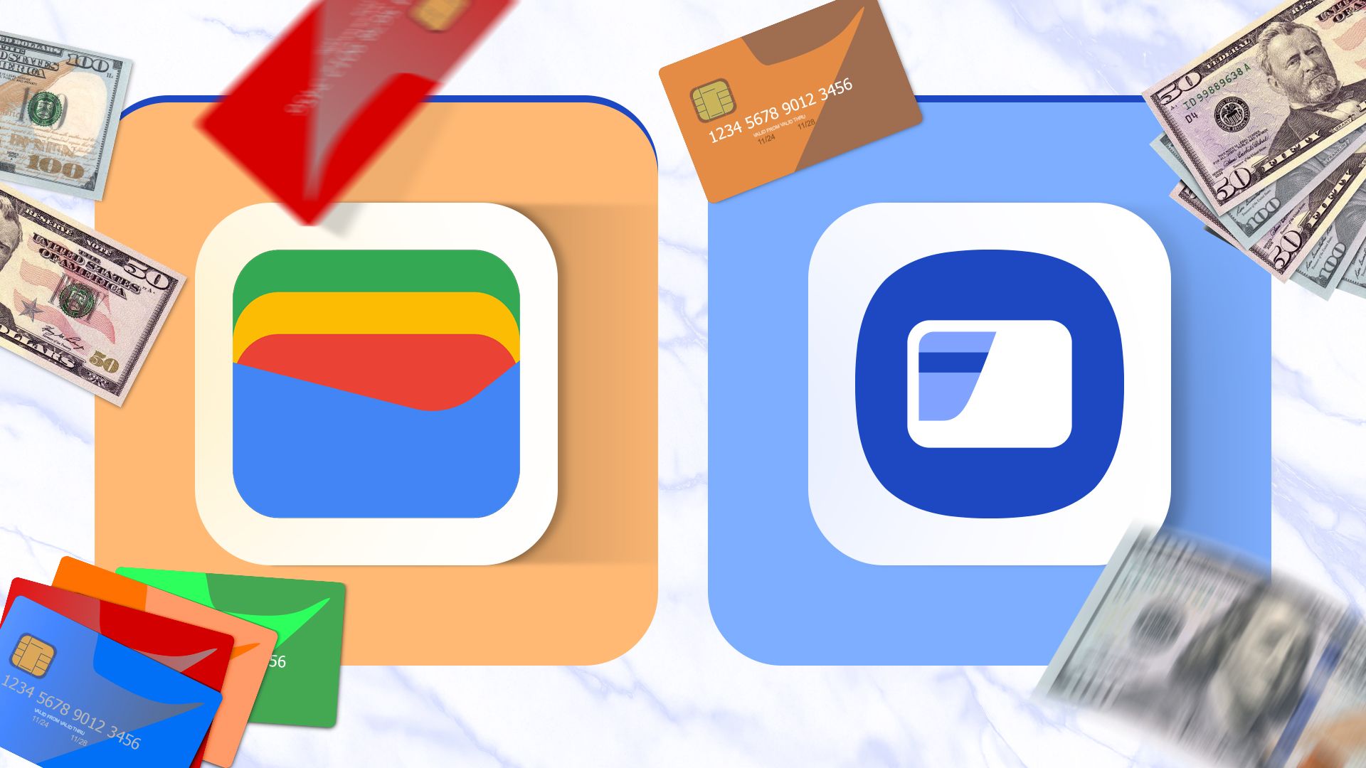 Google Wallet logo next to the Samsung Wallet logo with credit cards and money around them.