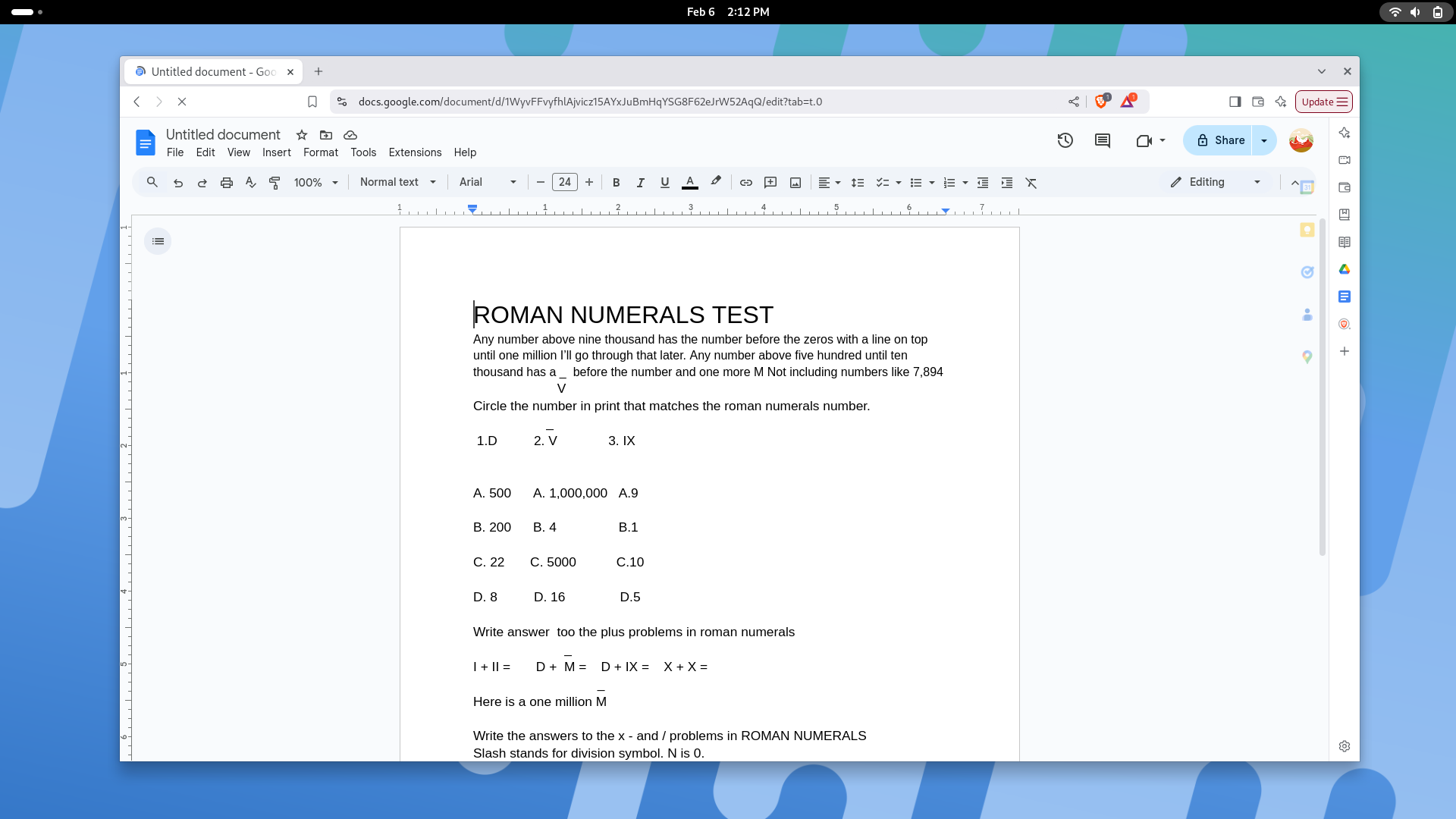 Google Docs open in Brave on a GNOME desktop.