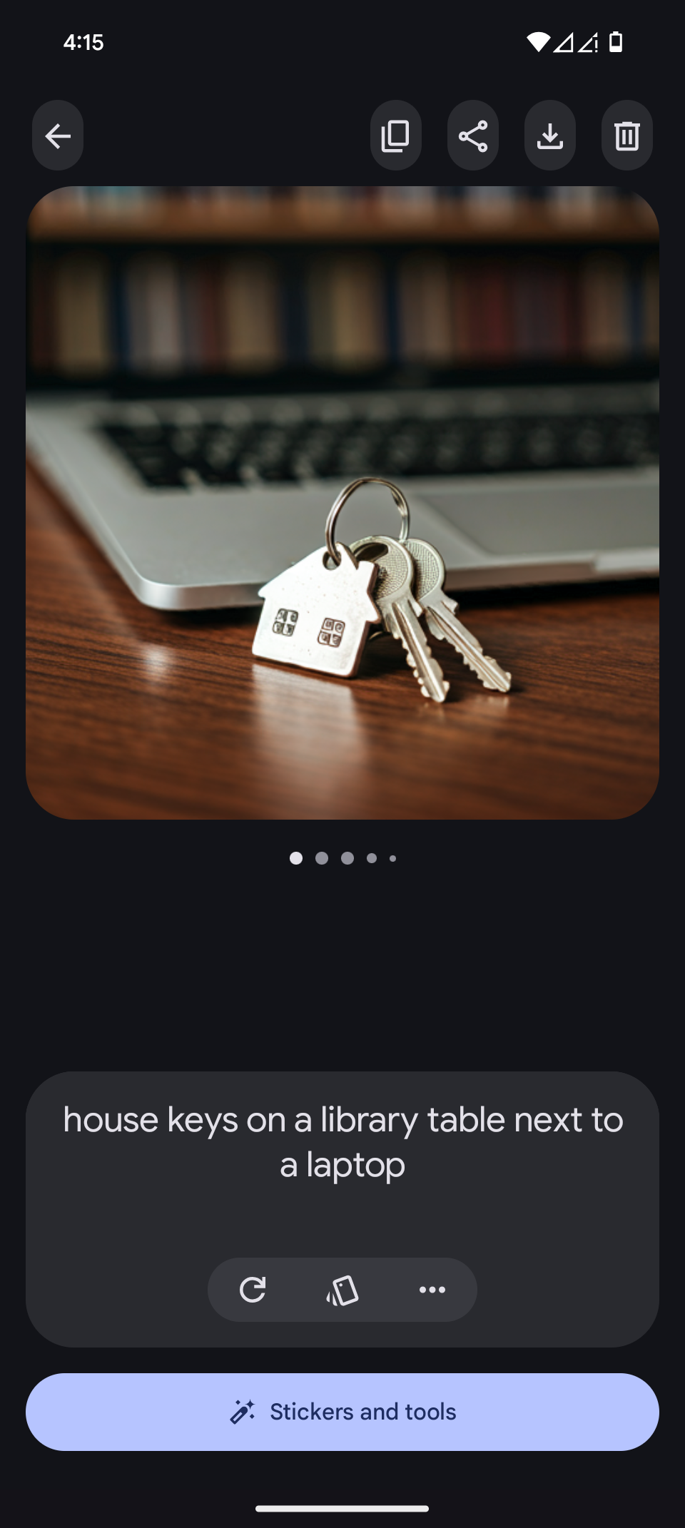 Pixel Studio on Android attempting to generate an image of house keys next to a laptop.