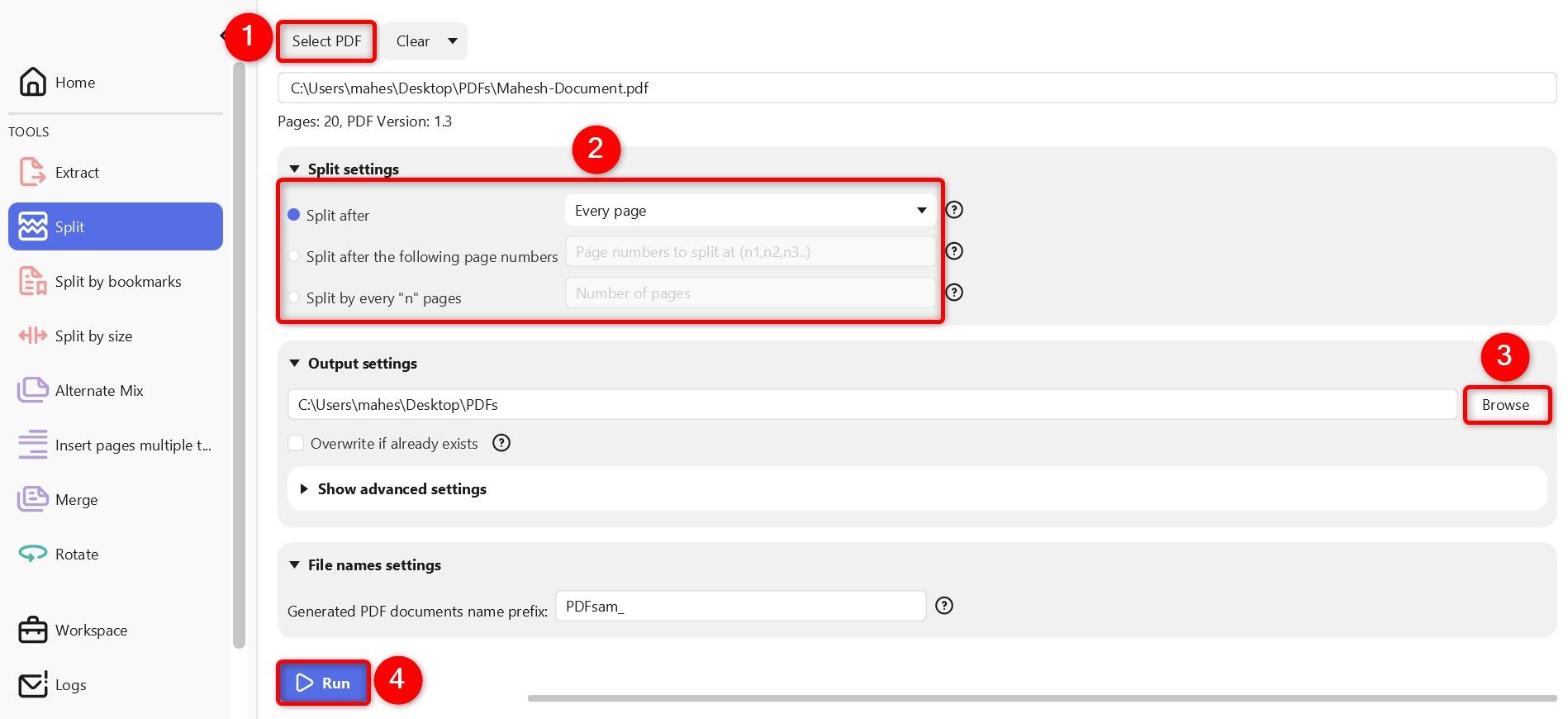 Various options to split a PDF highlighted in PDF24.